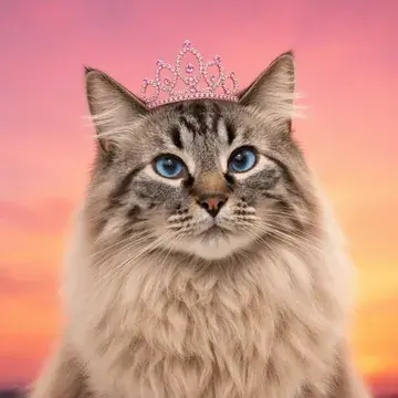 Meg, the blue-eyed lynx point cat, shown wearing a pink tiara in her portrait