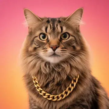 Affogato, the fluffy brown tabby with a thick mane, shown wearing a gold chain in his portrait
