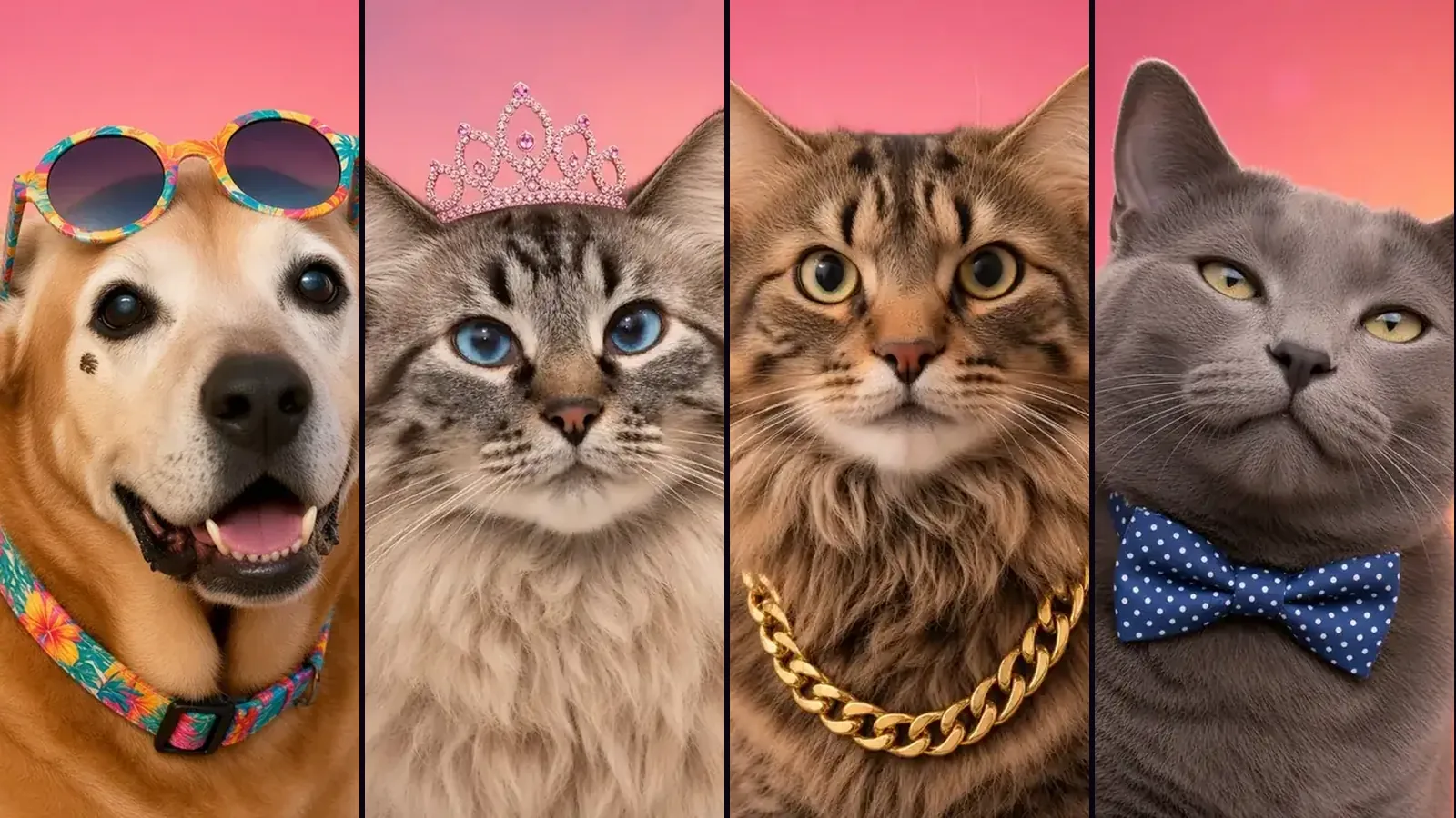 Four portraits of the cast side by side: Bailey the golden dog in sunglasses, Meg the blue-eyed cat in a tiara, Affogato the fluffy tabby in a gold chain, and Smokey the gray cat in a polka-dot bow tie.